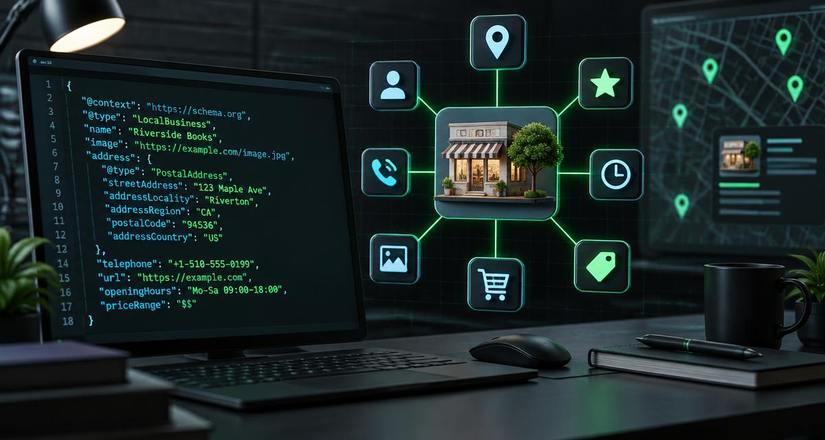 Bloco de código JSON-LD de uma empresa local exibido em um editor